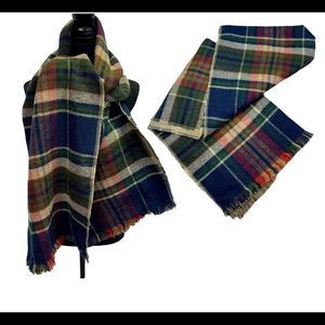 Navy blue forest green red beige plaid check soft warm fall winter blanket scarf